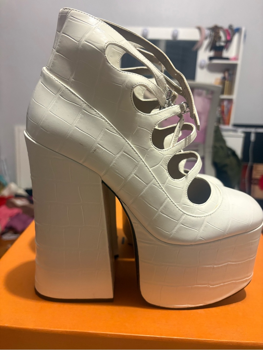 Women's White Platform Lace-Up Heels